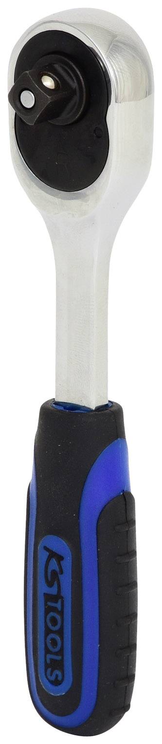 Ein Ratschen-Schraubenschlüssel mit schwarzem und blauem Griff, geeignet für mechanische Arbeiten zum Anziehen oder Lösen von Schrauben.