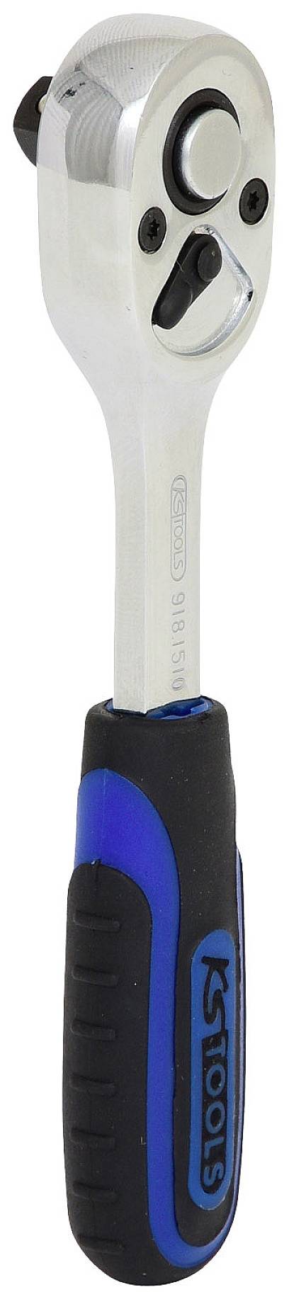 Ein silberner und blauer Ratschen-Schlüssel mit ergonomischem Griff, geeignet für mechanische Arbeiten. Markenname auf dem Griff sichtbar.