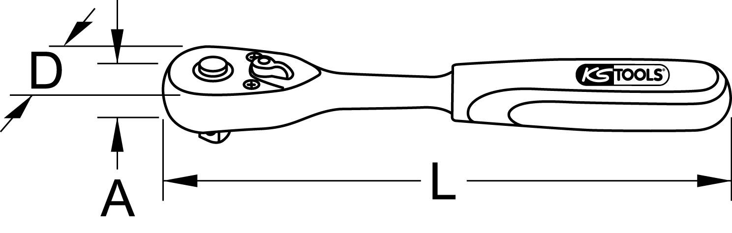 Abbildung einer Ratsche mit den Maßen D und L angegeben. Das Logo von KS Tools auf dem Griff.