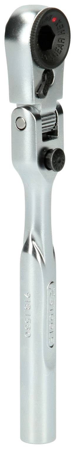 Ein silberner Werkzeugknarre mit verstellbarem Kopf und einem kleinen Hebel zur Richtungsänderung.