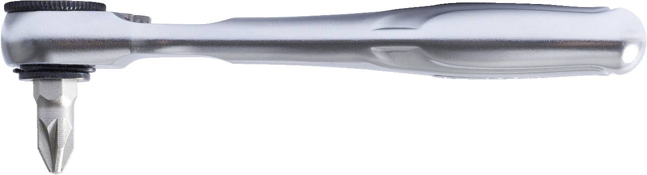Ein silbernes Ratschenwerkzeug mit einem Kreuzschlitz-Bit, seitlich dargestellt; geeignet für manuelle Schraubarbeiten.