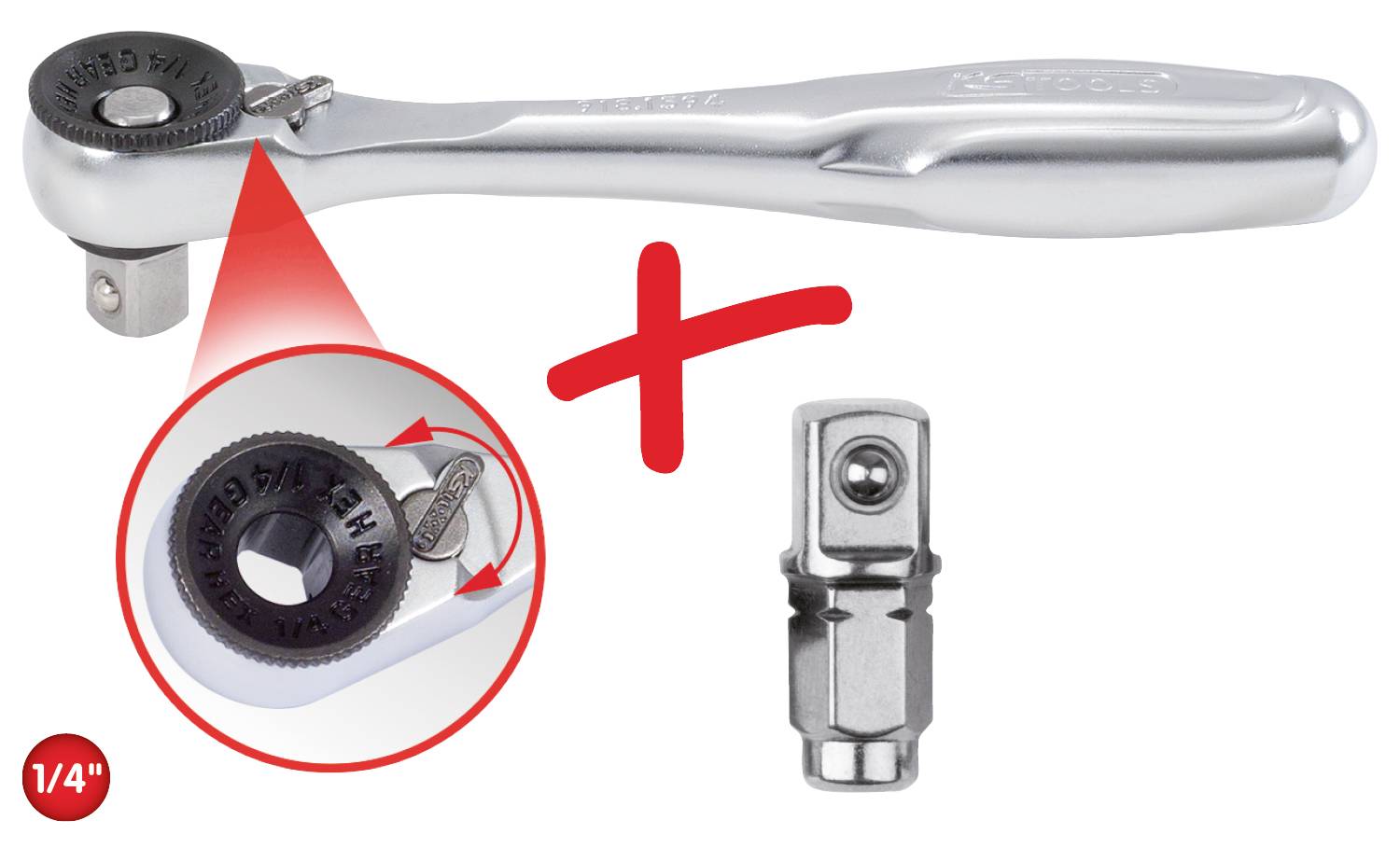 Ratschenschlüssel und Stecknussadapter, verchromt, mit Zoom auf die Aufschrift '1/4