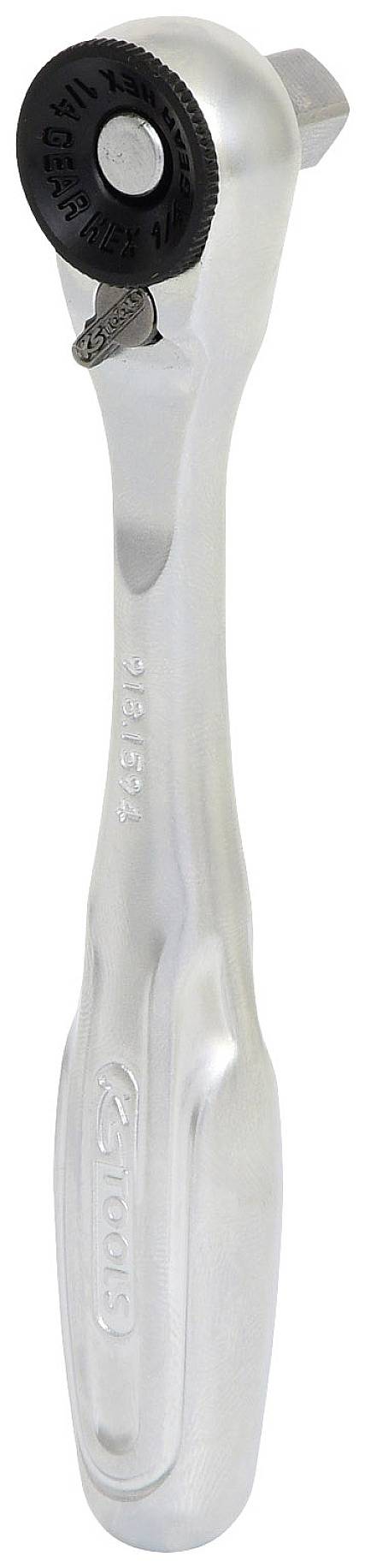 Abbildung eines silbernen Steckschlüssels mit schwarzem Drehmechanismus.