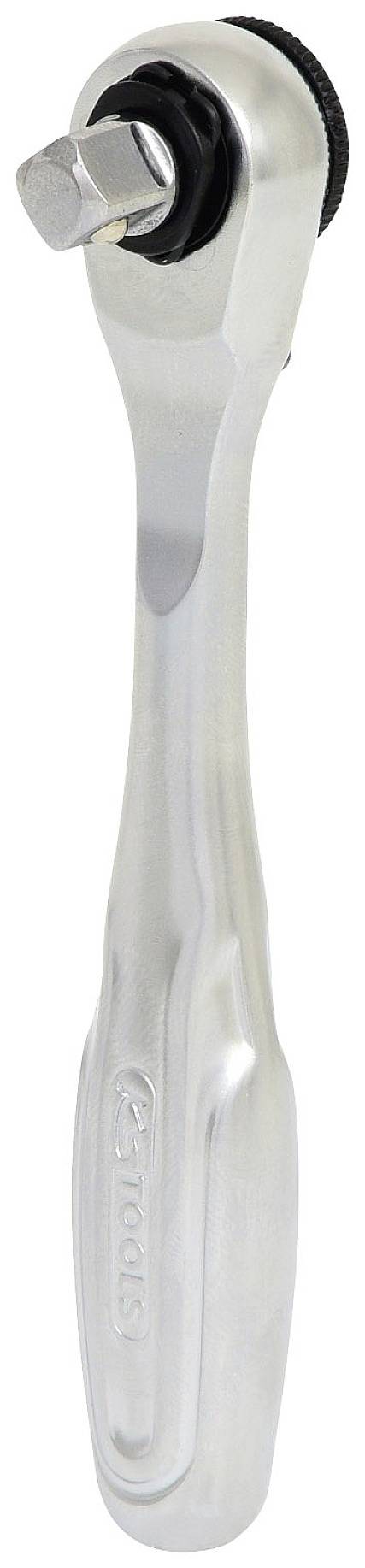 Silberne Ratsche mit ergonomischem Griff und quadratischem Antrieb; verwendet zum Anziehen und Lösen von Schrauben und Muttern.