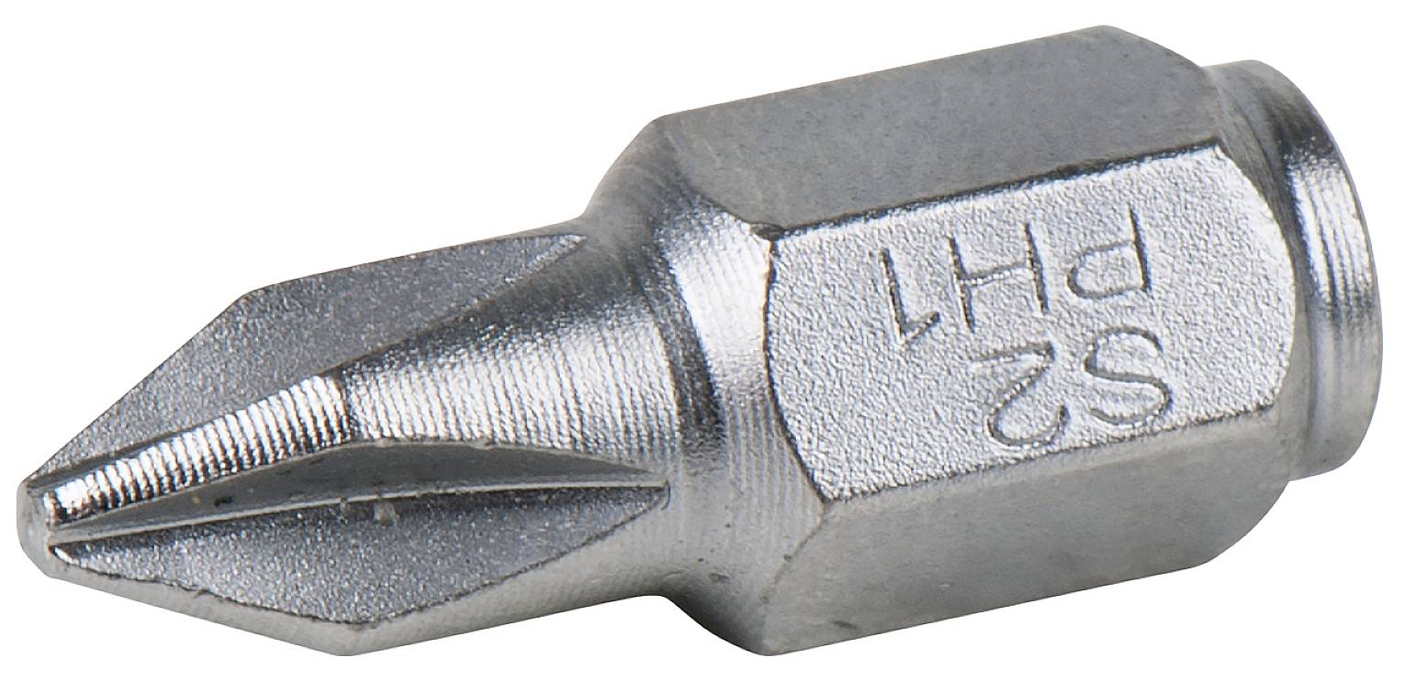Ein metallischer Kreuzschlitz-Bit, gekennzeichnet mit 'PH1 S2', passend für Schraubendreher, liegt horizontal auf einer hellen Oberfläche.