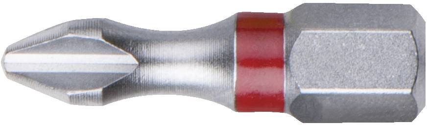 Ein silberner Kreuzschlitz-Schraubendreher-Bit mit einem roten Ring auf silbernem Hintergrund.