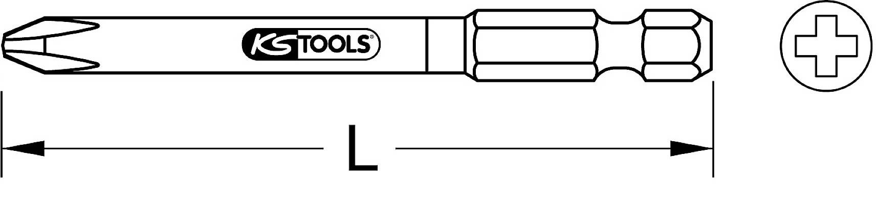 Abbildung eines Phillips-Bits mit Kreuzschlitz, markiert mit 'KS TOOLS'. Länge ist mit 'L' gekennzeichnet.