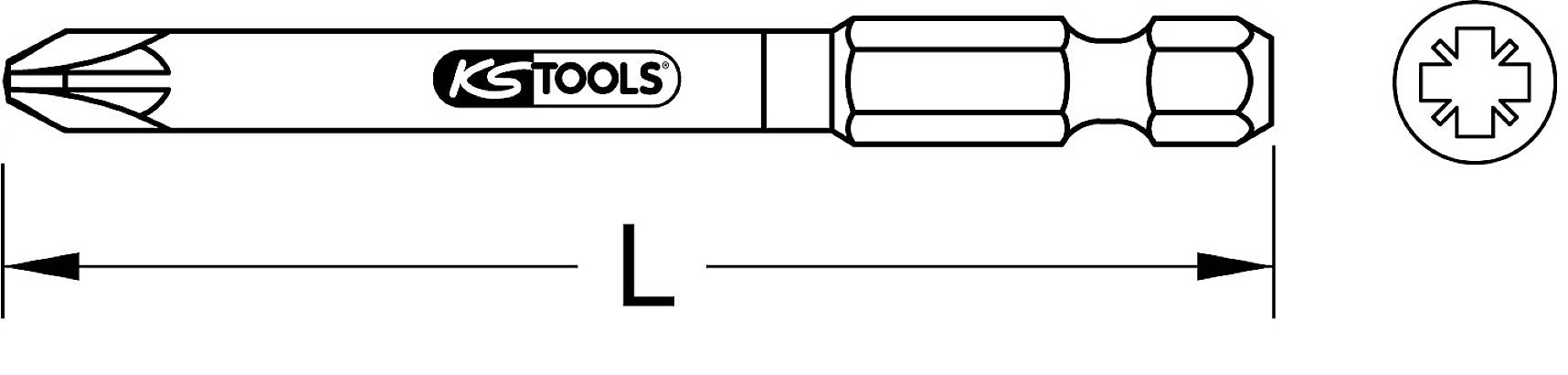Illustration eines Schraubendreher-Bits mit Kreuzschlitz an der Spitze und KS Tools-Logo. Länge mit 'L' markiert.