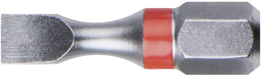 Ein flacher Schraubendrehereinsatz aus Metall mit rotem Ring, verwendet für Schrauben mit flachem Schlitz.