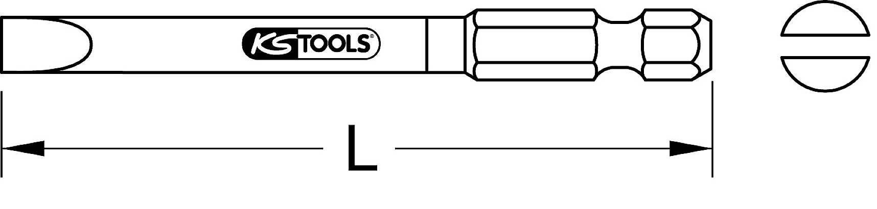 Zeichnung eines Schlitzschraubendrehers mit Markierung 'KS Tools'. Länge 'L' ist hervorgehoben. Spitze hat flache, gerade Form.