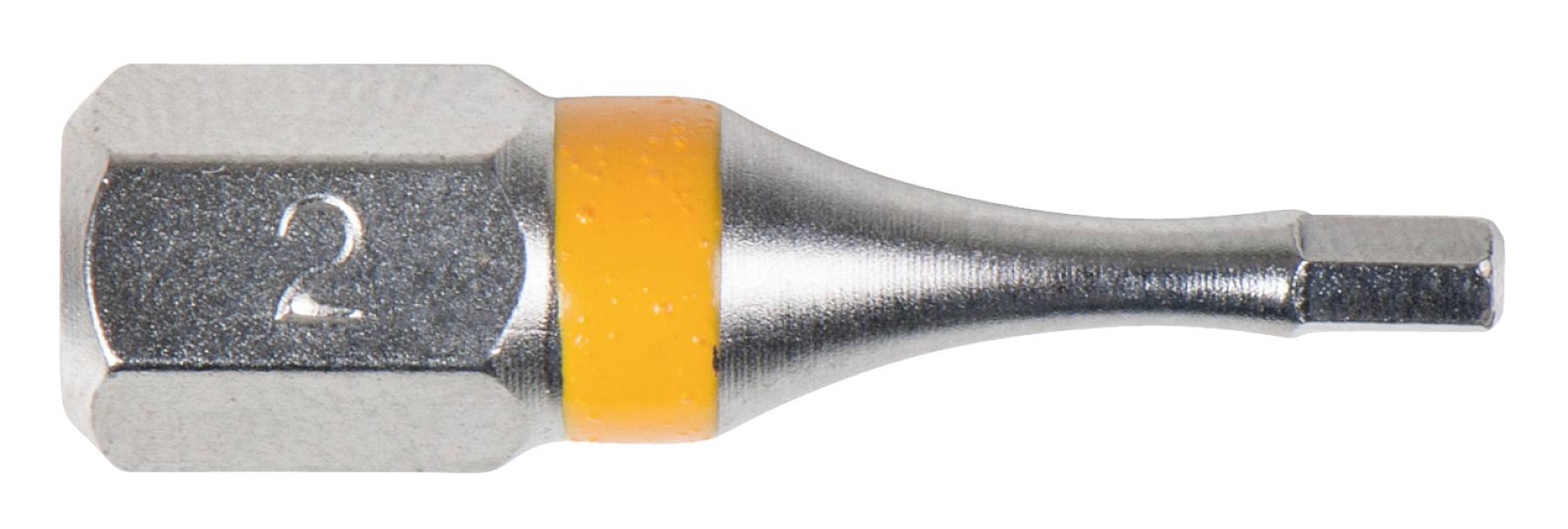 Ein magnetischer Schraubbithalter mit orangefarbenem Ring und dem Aufdruck '2' auf der metallischen Oberfläche.