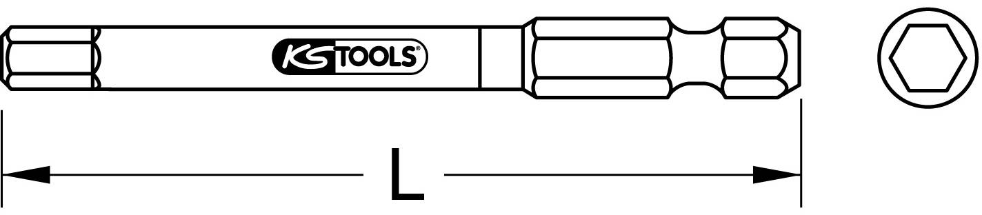 Zeichnung eines Sechskant-Schraubendrehers mit KS Tools-Logo. Zeigt die Seiten- und Endansicht mit Pfeil für Länge 'L'.
