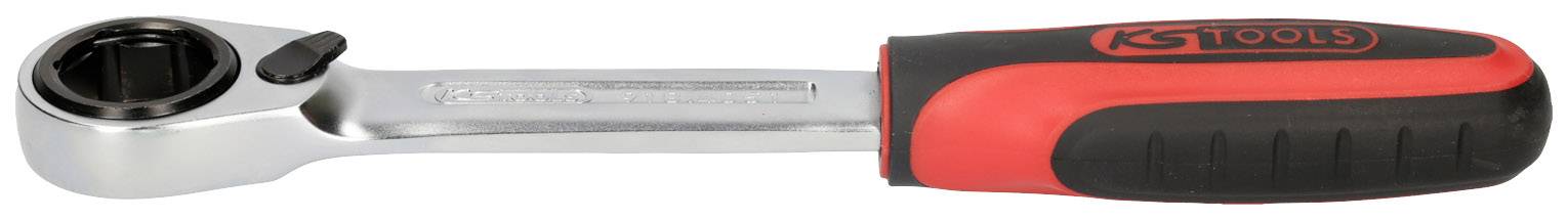 Ratsche mit einem ergonomischen schwarz-roten Griff, geeignet für Reparaturen und Montagearbeiten.