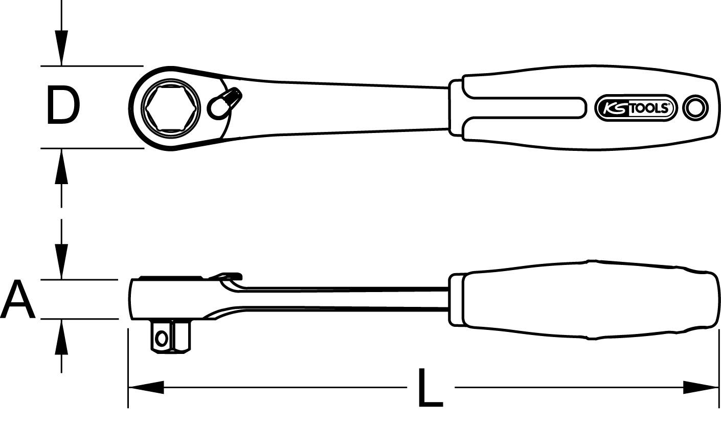 Ratsche mit quadratischem Antrieb oben, seitliche Ansicht unten. Maße: A, D, L angegeben. Hersteller: KS Tools.