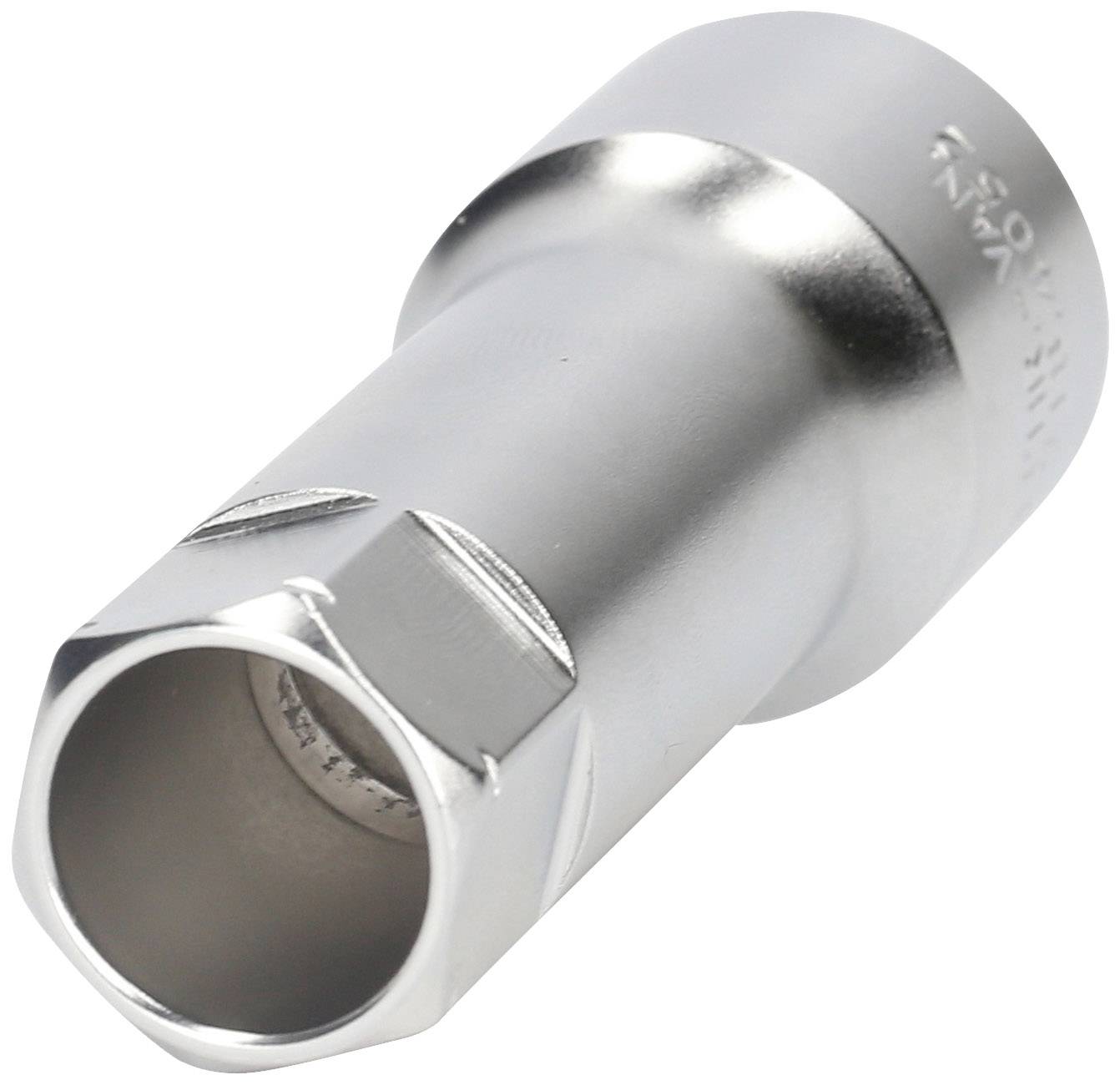 Ein metallischer Sechskant-Schraubenschlüsselaufsatz, geeignet für die Verwendung mit einer Ratsche zum Lösen oder Anziehen von Muttern.
