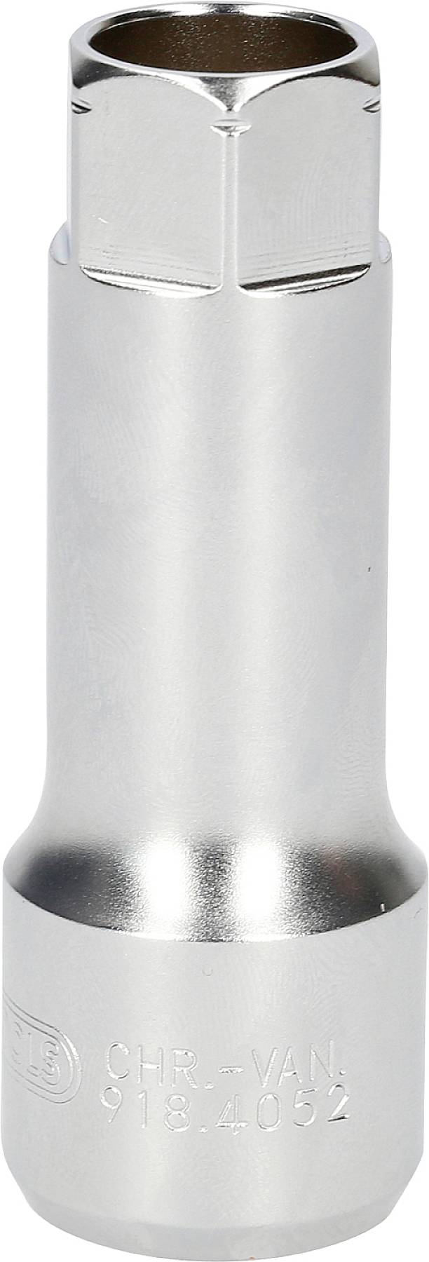 Der abgebildete Steckschlüssel ist ein länglicher, metallisch-glänzender Werkzeugsaufsatz zum Lösen von Schraubenmuttern.