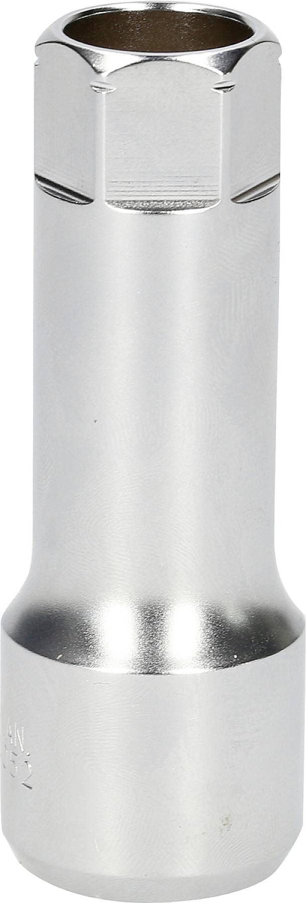Ein silberner, zylindrischer Schraubenschlüsselaufsatz mit sechseckigem Ende, häufig verwendet zum Drehen von Schrauben oder Muttern.