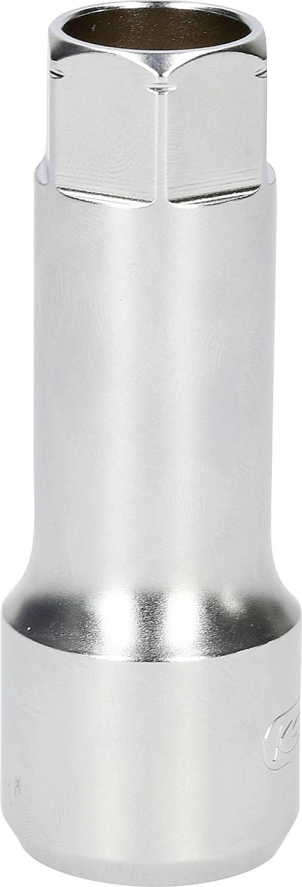 Eine silberfarbene, zylindrische Steckschlüsselverlängerung mit einem sechseckigen Anschlussende.
