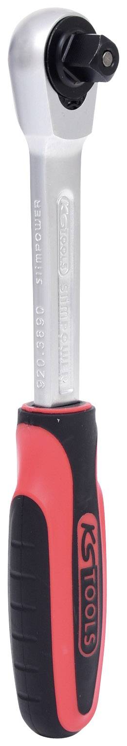 Ein Steckschlüssel mit rotem und schwarzem Griff. Der Metallkopf hat eine Steckverbindung für Steckschlüsseleinsätze.