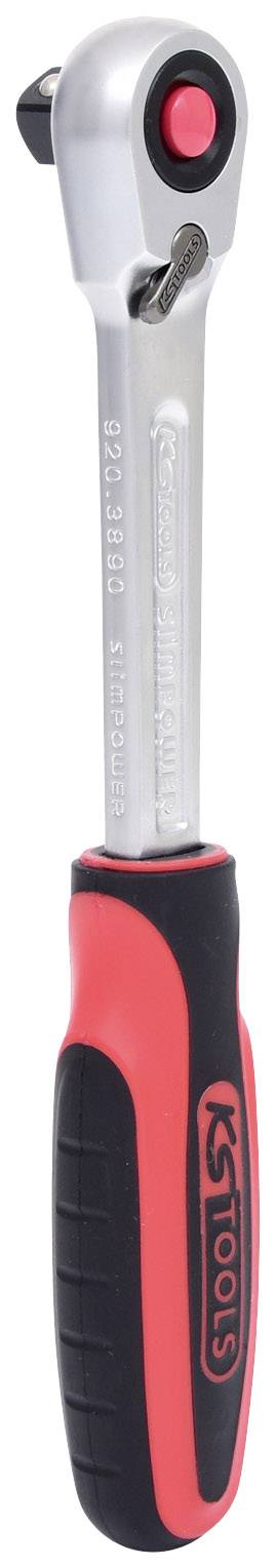 Ratsche mit rotem und schwarzem Griff, Metallkopf, roter Knopf, Marke 'KS Tools'. Geeignet für Handwerk und Reparaturen.