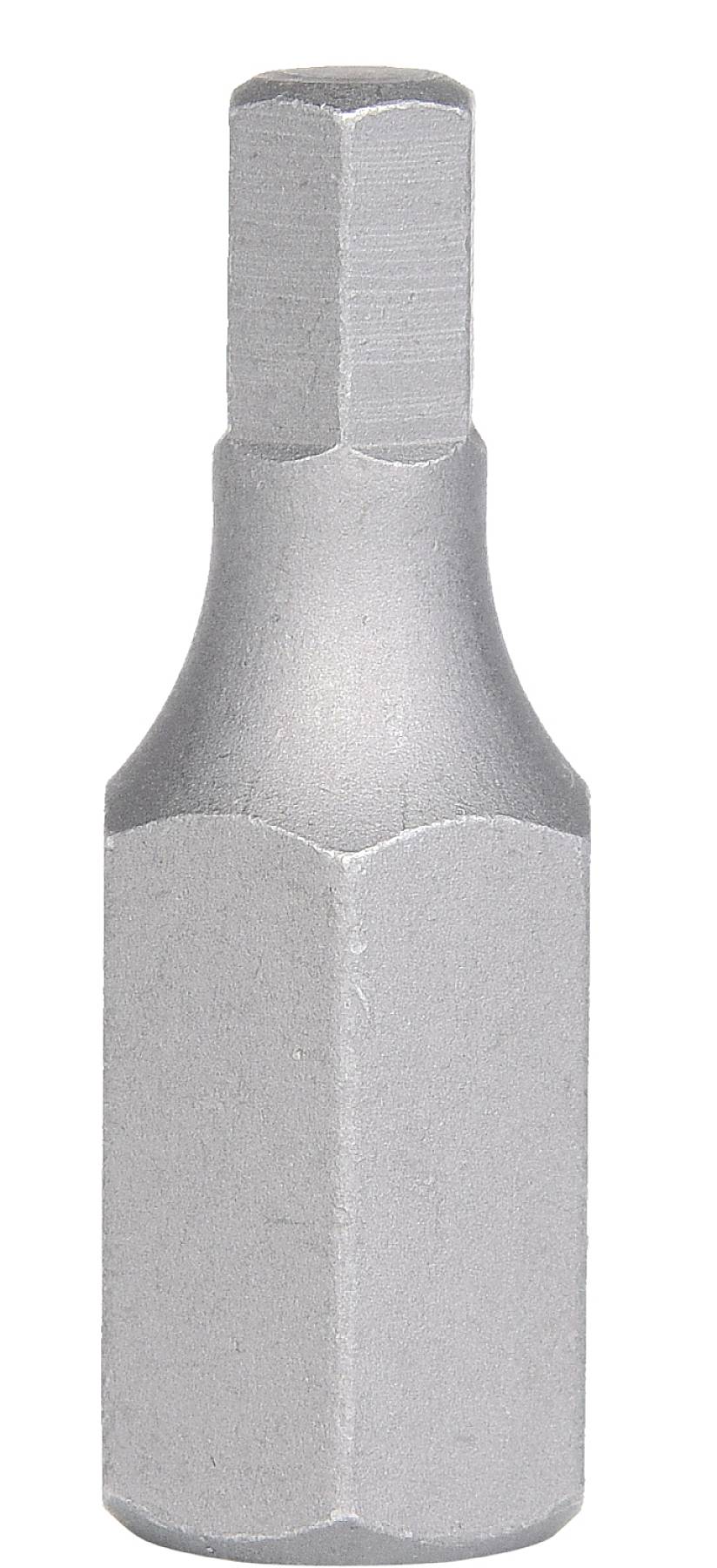 Nahaufnahme eines sechskantigen Bitschraubendrehers aus Metall, silberfarben, mit glatter Oberfläche.
