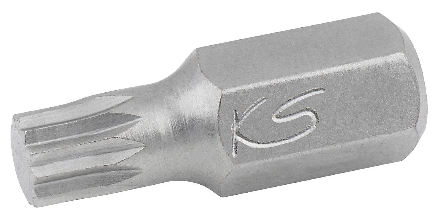 Ein silberner Schraubenzieher-Bit mit Torx-Profil und der Gravur 'KS'.