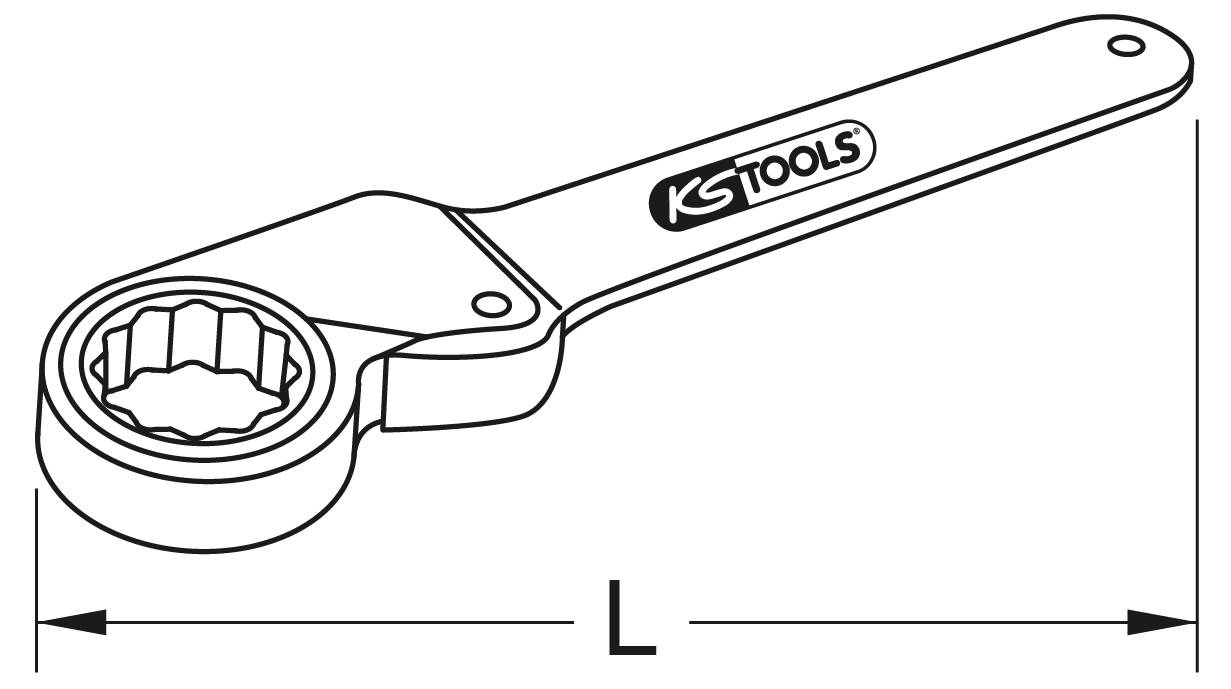Abbildung eines Ringschlüssels mit 'KS Tools'-Logo, Länge 'L' angegeben. Werkzeugdarstellung ohne Kontext.
