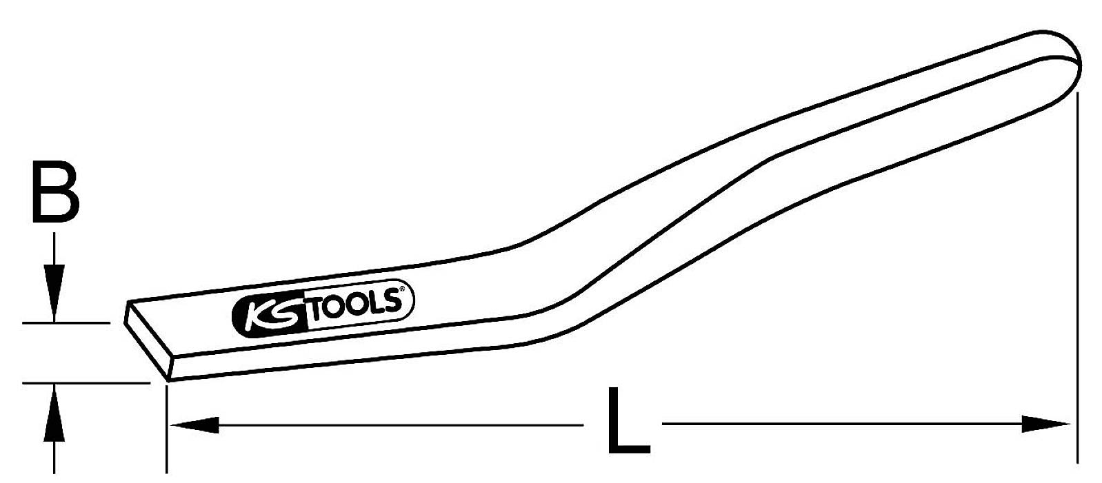 Illustration eines gebogenen Werkzeugs mit dem Logo 'KS TOOLS'. Gezeigt sind die Maße B (Breite) und L (Länge).