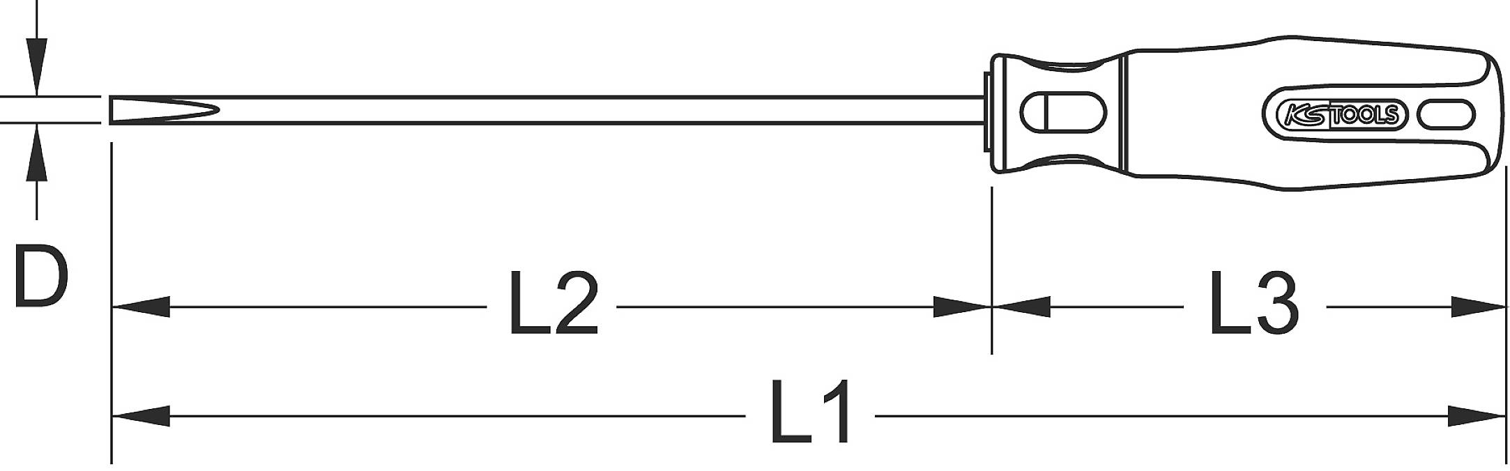 Diagramm eines Schraubenziehers mit Beschriftungen für Gesamtlänge (L1), Klingenlänge (L2), Griffänge (L3) und Klingendurchmesser (D).