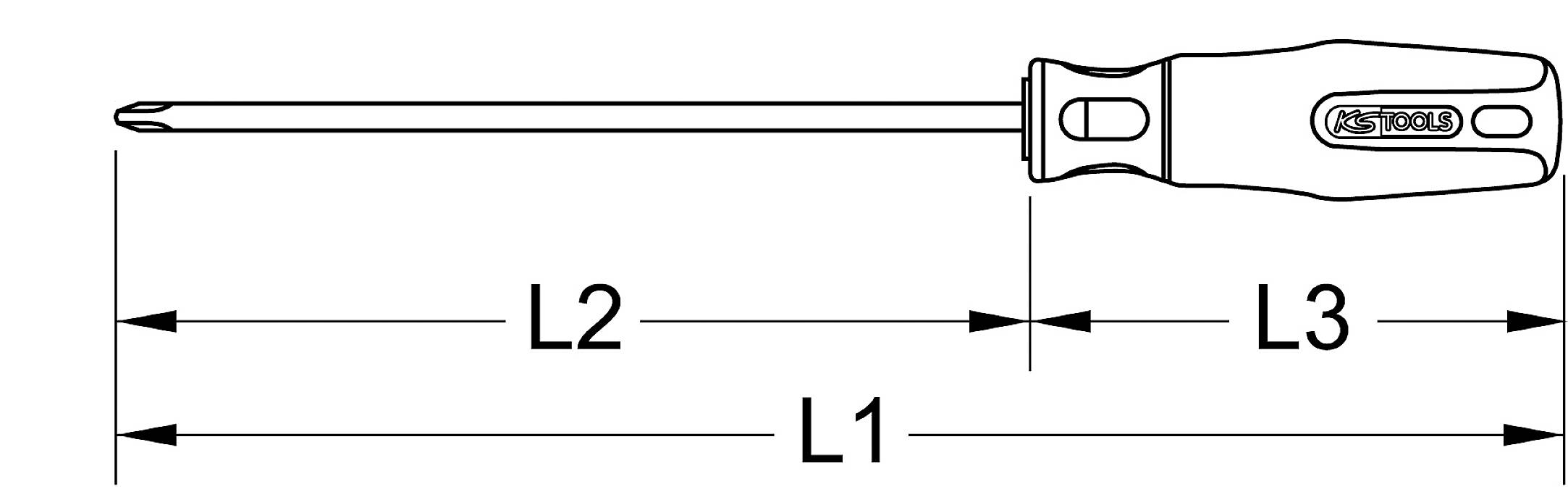 Schraubenzieher-Diagramm mit den Längen L1, L2 und L3 markiert; zeigt unterschiedliche Abschnitte vom Griff bis zur Spitze.