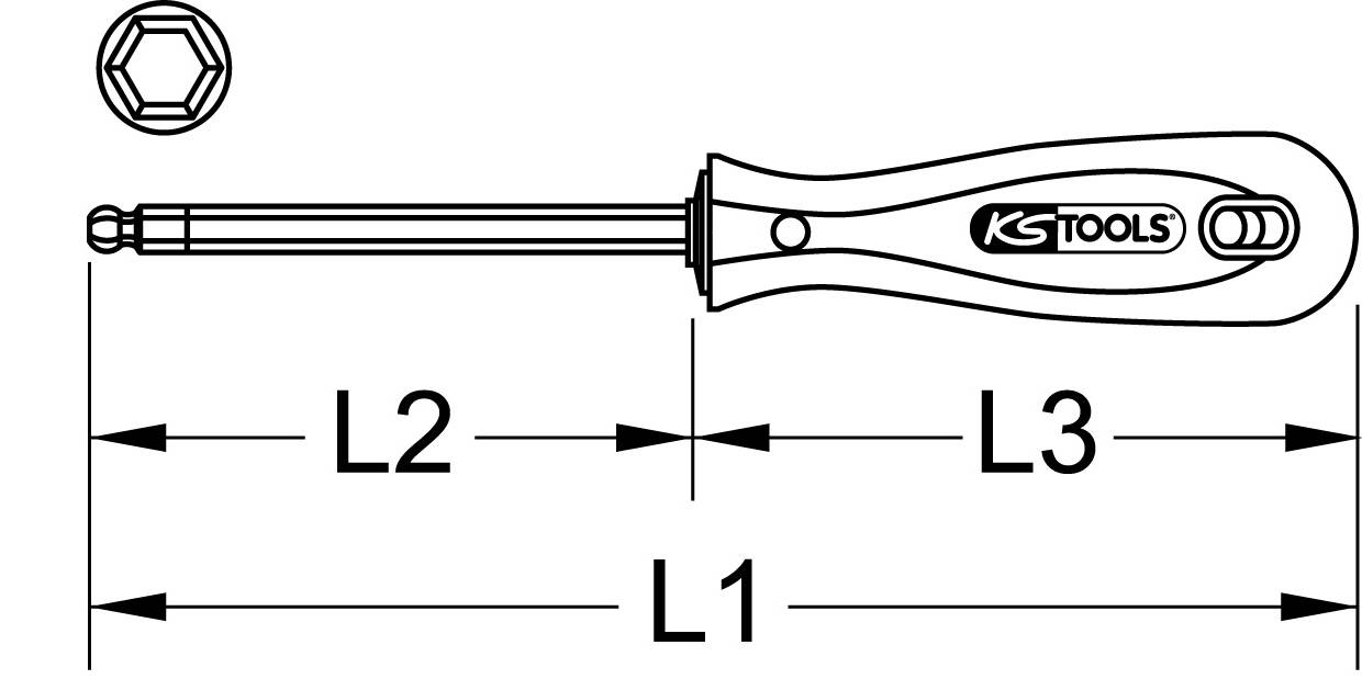 Maßdiagramm eines Schraubendrehers mit Griff von 'KS TOOLS', zeigt Längen L1, L2 und L3. Sechskantkopf oben abgebildet.