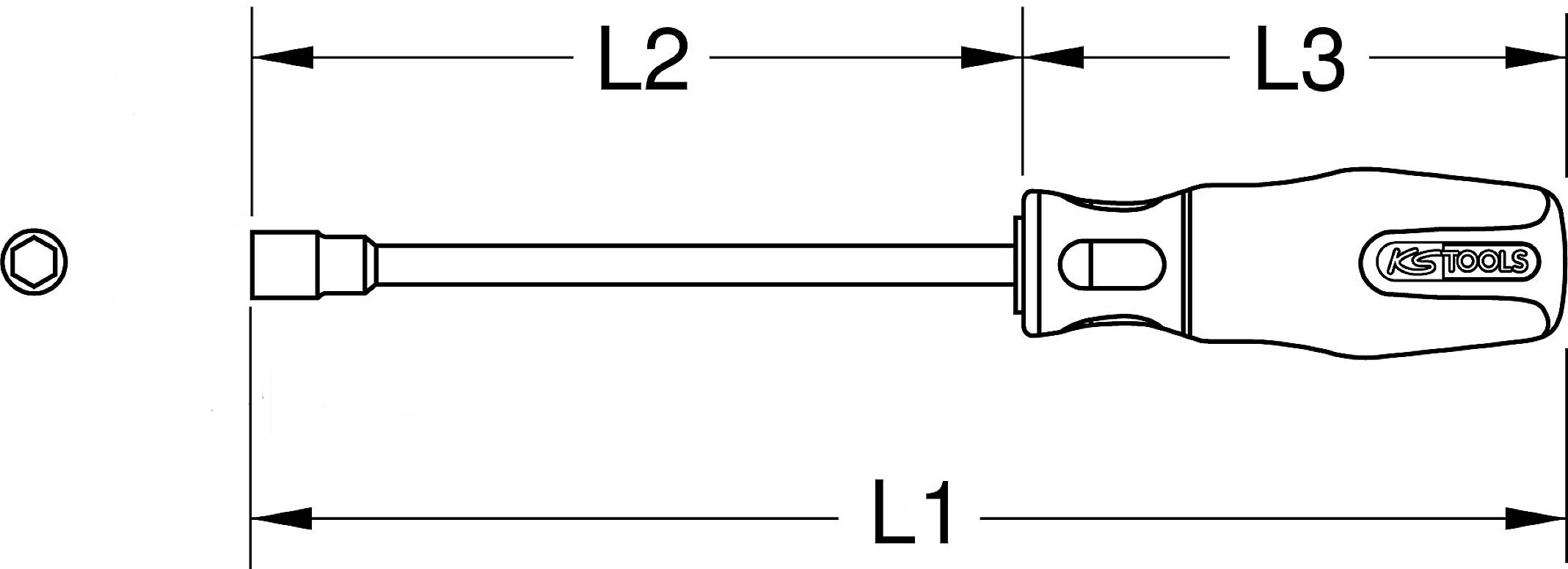 Schraubendreher-Illustration: Zeigt Maßangaben L1, L2 und L3 am Schaft und Griff, mit sechseckigem Kopf links, Griff beschriftet mit 'AS Tools'.