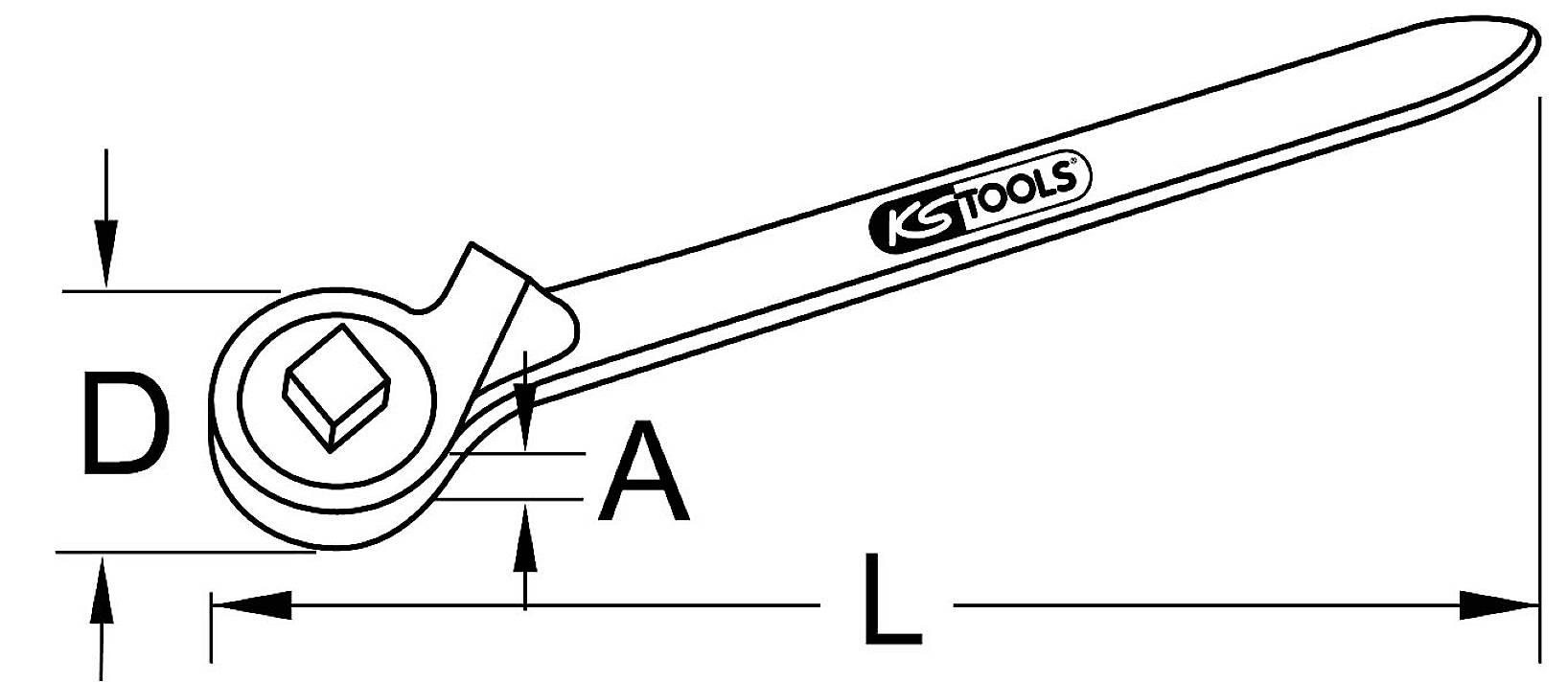 Abbildung eines Steckschlüsselwerkzeugs von KS Tools, zeigt die Gesamtlänge 'L', Kopfdurchmesser 'D' und Schlüsselweite 'A'.