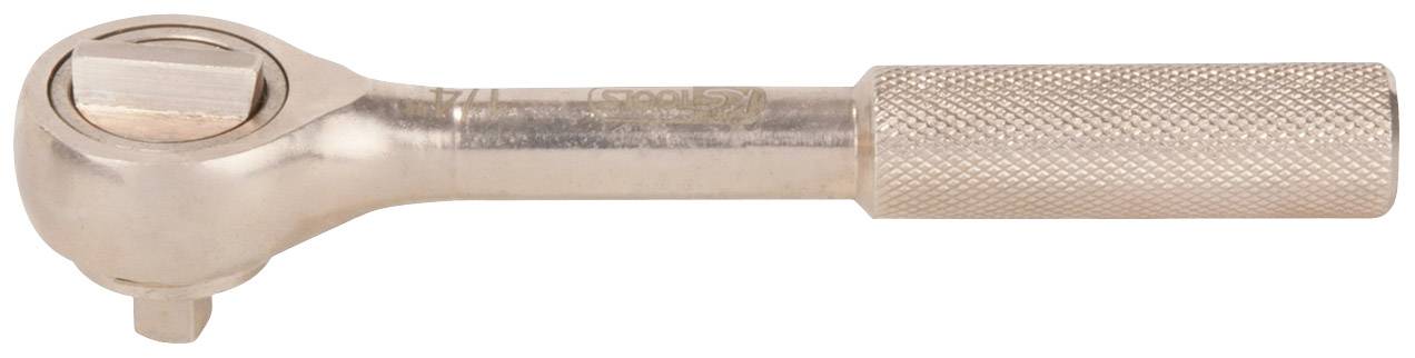 Ein verchromter Ratschen-Schlüssel mit gerändeltem Griff und quadratischer Aufnahme für Steckschlüsselaufsätze. Geeignet für mechanische Arbeiten.