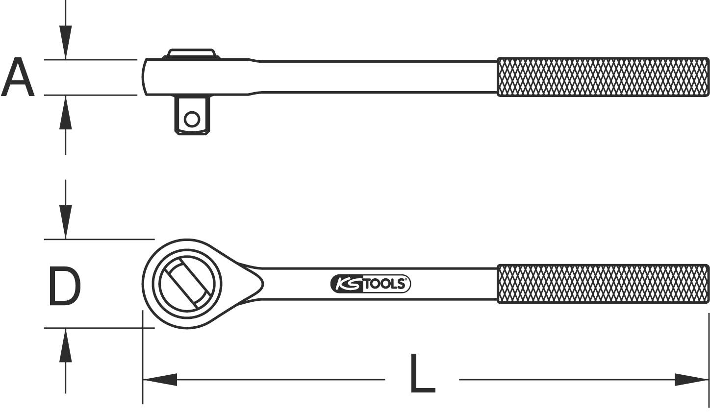 Zeichnung eines Ratschenschlüssels mit Abmessungen. Oben wird die Seitenansicht gezeigt, unten die Ansicht von oben. Markierte Maße A, D, und L.
