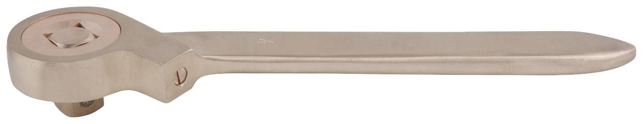 Kupferfarbene Knarre mit Vierkantaufnahme, zur Befestigung oder zum Lösen von Schraubenmuttern in engen Räumen.