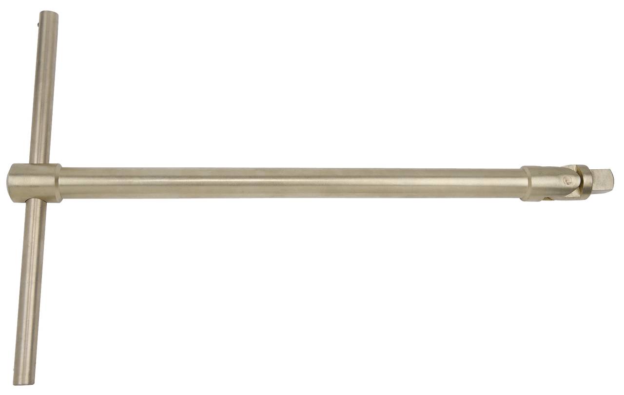 Ein metallischer T-Schlüssel, horizontal ausgerichtet, mit langem Griff und einer Sechskantaufnahme am Ende, vermutlich zur Werkzeugverwendung.