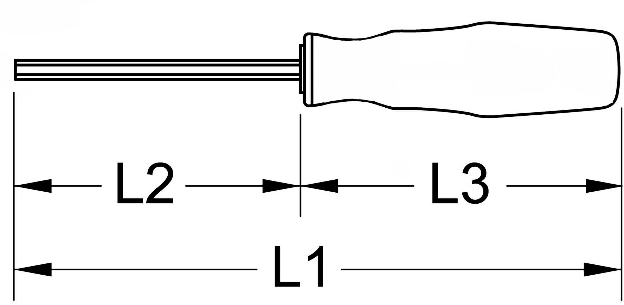 Diagramm eines Schraubendrehers mit Beschriftungen 'L1', 'L2' und 'L3', die verschiedene Längenabschnitte des Werkzeugs anzeigen.