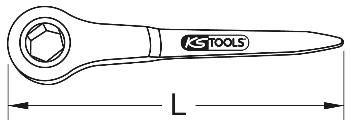 Schematische Zeichnung eines Ringschlüssels mit Sechskantkopf und Logo 'KS TOOLS'. Länge ist mit 'L' gekennzeichnet.
