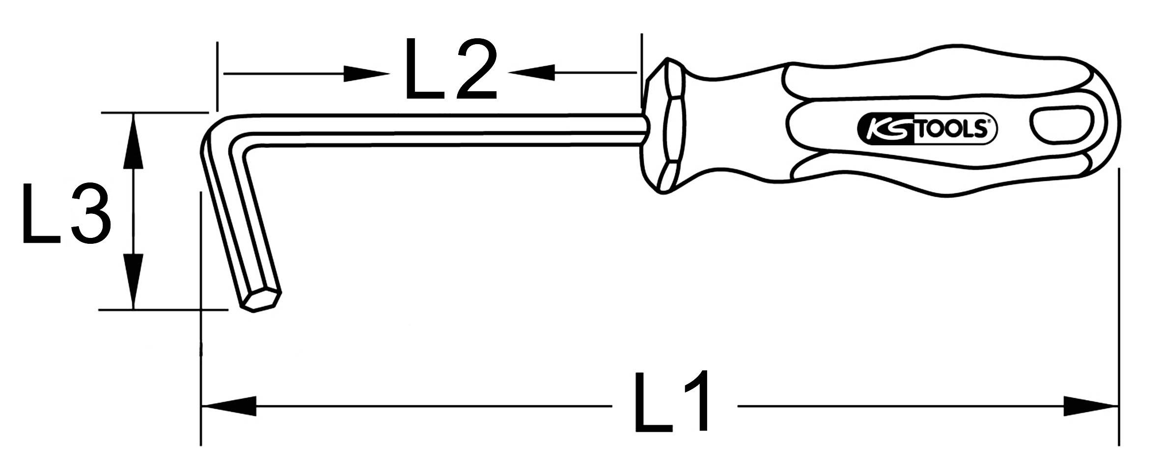 Illustration eines vierkantigen Hakenschlüssels mit Griff. Beschriftet mit L1, L2 und L3 zum Anzeigen der Abmessungen.