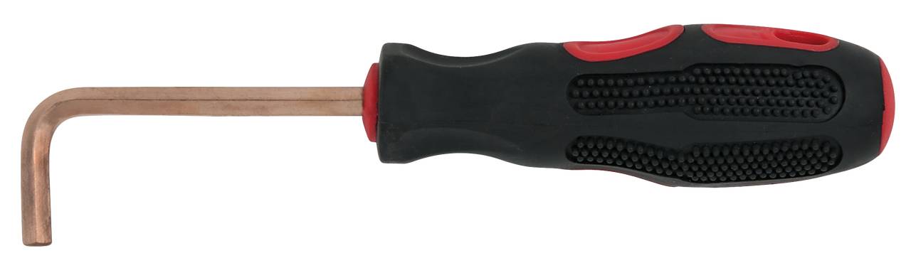 Ein schwarzer Schraubendreher mit rotem Griff und einer gebogenen Metallspitze, geeignet zum Drehen oder Entfernen von Schrauben.