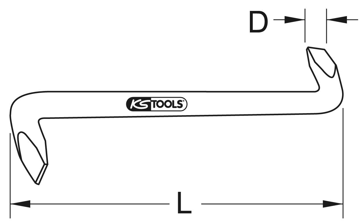 Ein doppelseitiger Meißel mit geschwungenem Design, 'KS Tools'-Logo in der Mitte. Markierungen zeigen Länge (L) und Breite (D).