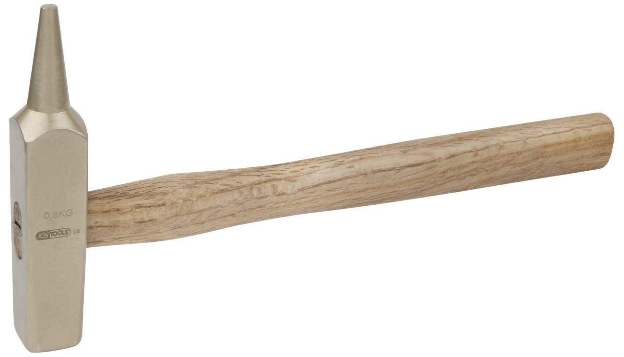 Ein Hammer mit spitzem und flachem Kopf aus Metall, Holzgriff. Wird zum Handwerken oder Schmieden verwendet.