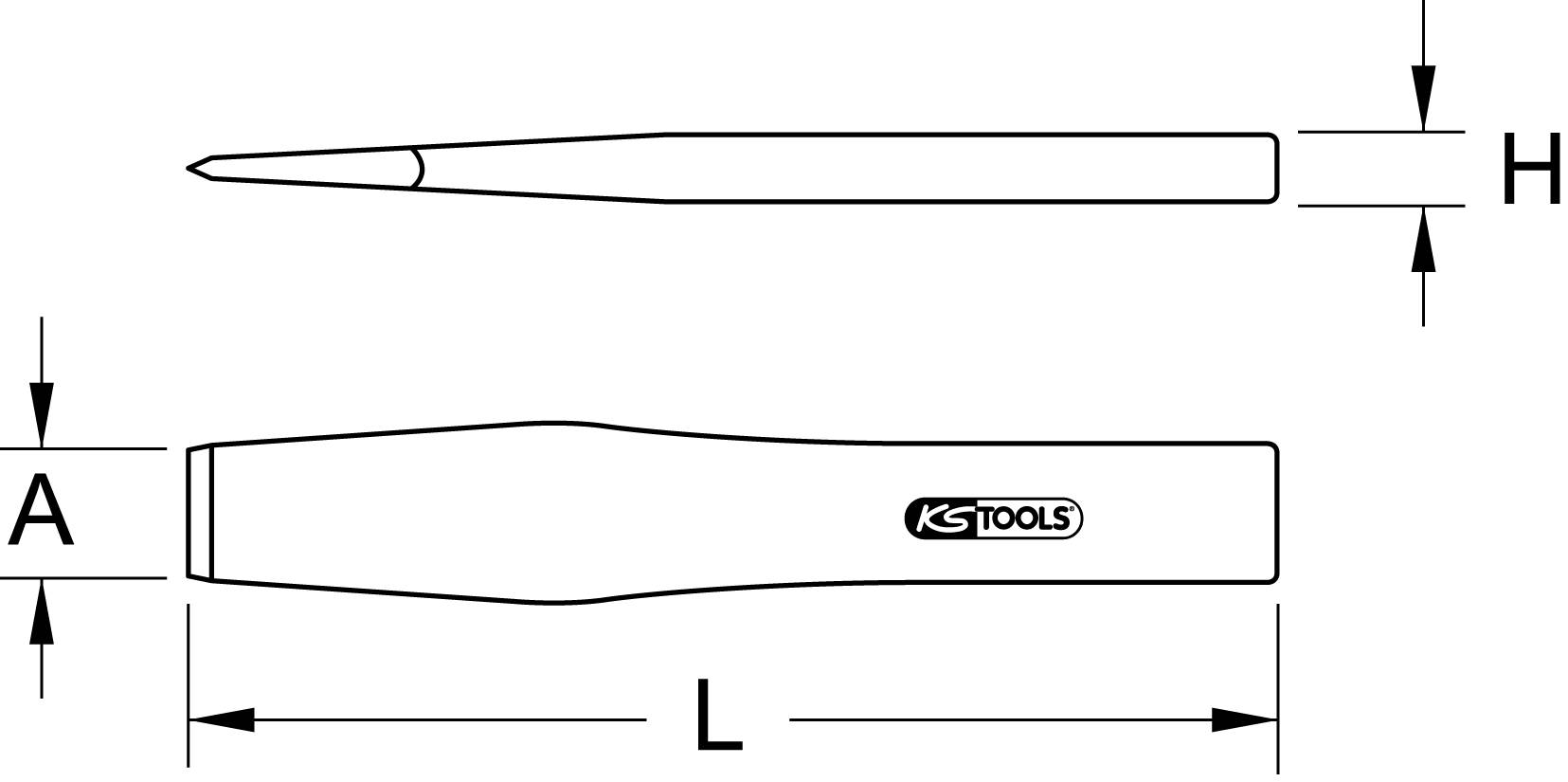 Technische Zeichnung eines Werkzeugs mit den Maßen L, A und H. Oben ist die spitze Arbeitsfläche, unten der breite Griff mit Logo.