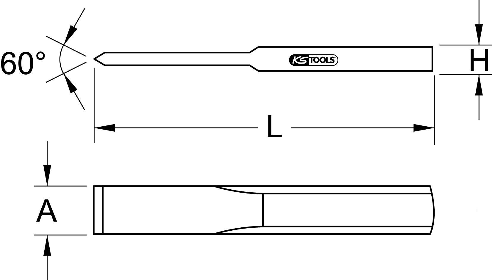 Diagramm eines Werkzeugs von oben und der Seite, mit 60° Spitze. Beschriftet: Länge 'L' und Höhe 'H'. Marke: 'KS Tools'.