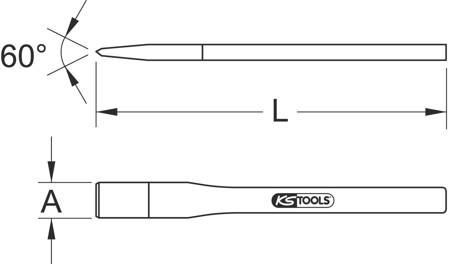 Technische Zeichnung eines Splinttreibers mit abgeschrägter Spitze, Marke KS Tools. Maße: Winkel 60°, Länge L, Breite A.