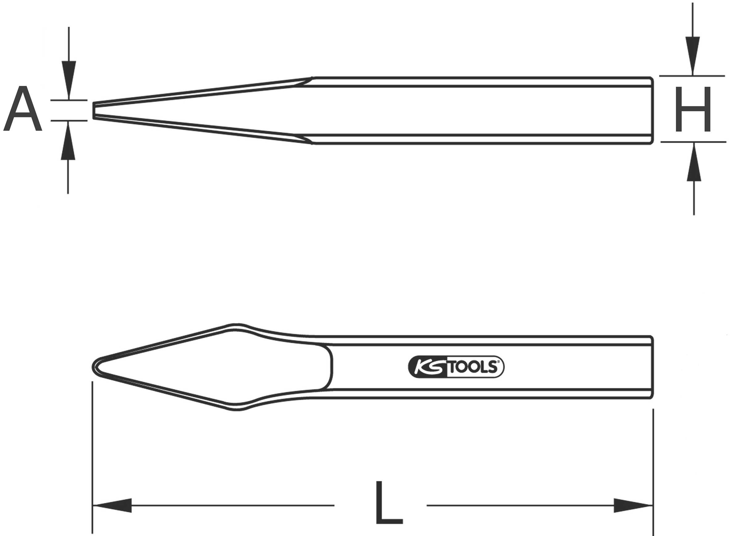 Skizze eines Meißels mit Maßangaben: Länge (L), Spitze (A), und Dicke (H). Enthält das Logo 'KS TOOLS'.