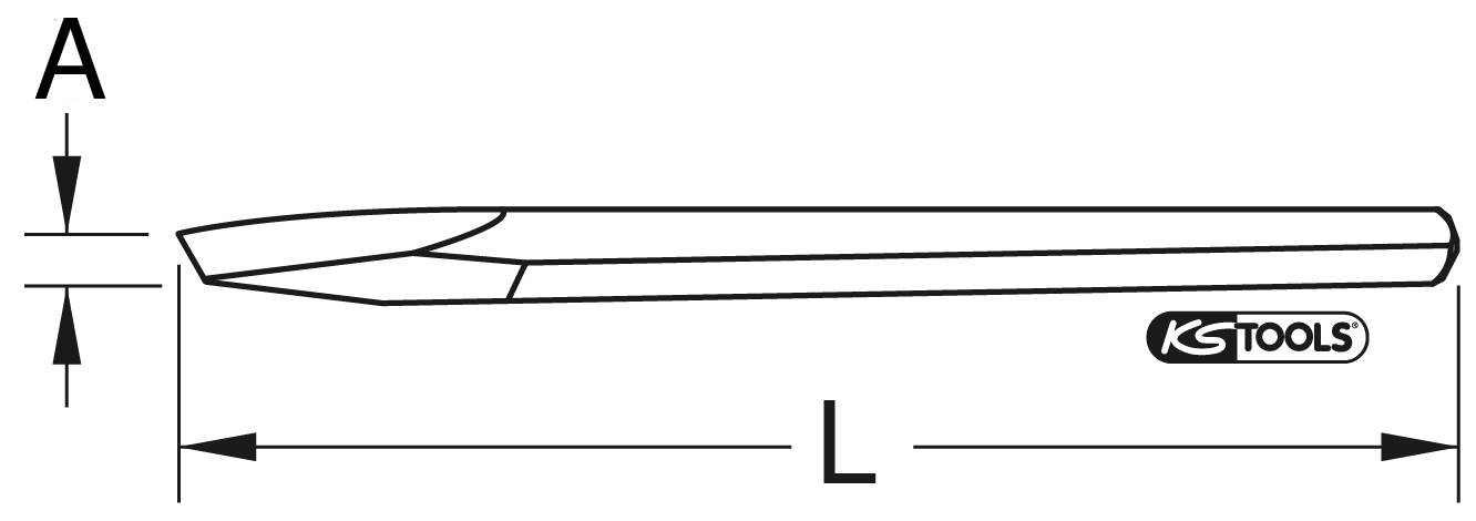 Zeichnung eines Meißels mit den Maßen 'A' und 'L' markiert. Das Logo von 'KS TOOLS' ist sichtbar.