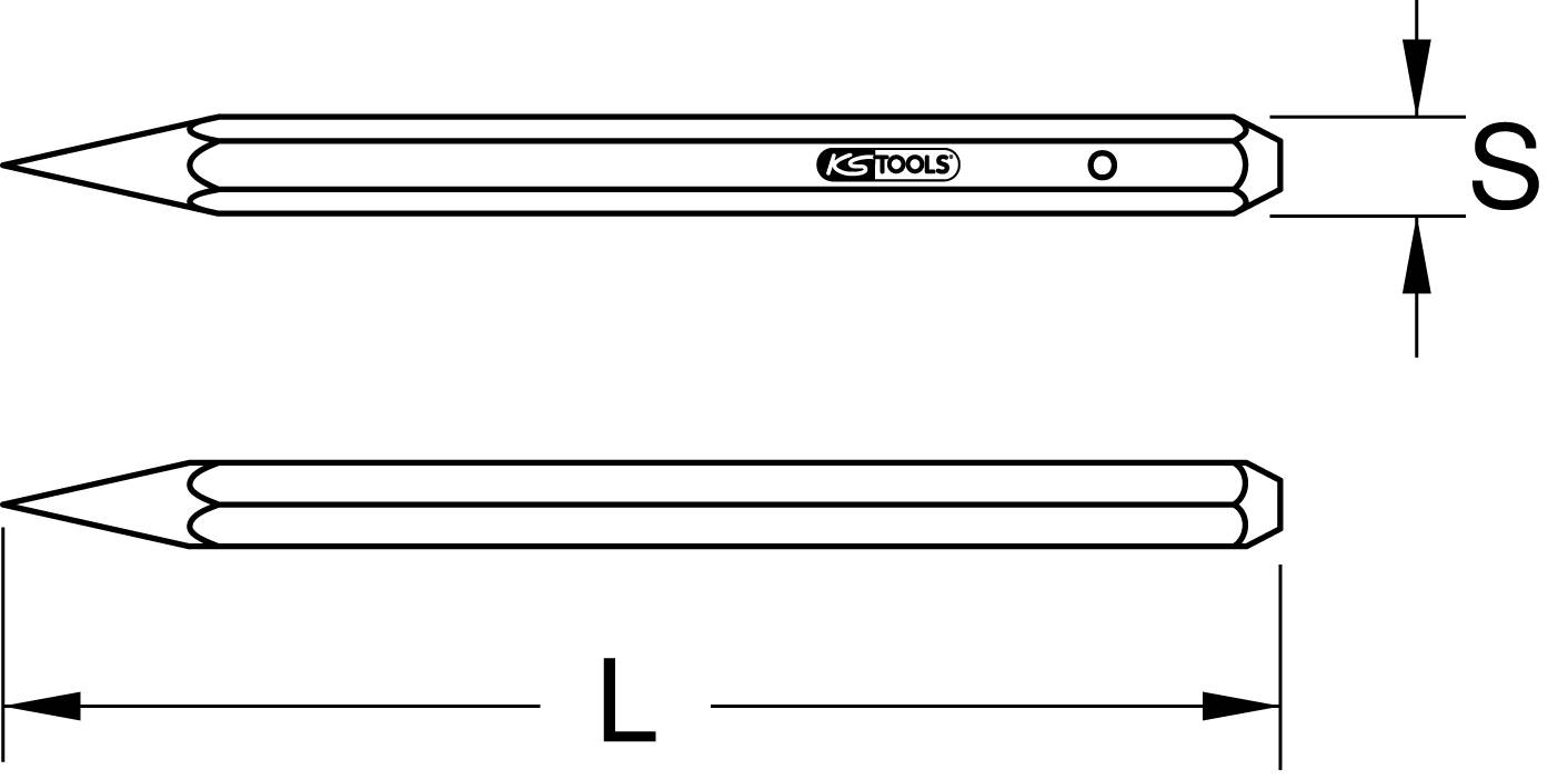 Ein sechseckiger Stemm- oder Spitzmeißel von KS Tools ist dargestellt. Die Abmessungen 'S' für den Schaftdurchmesser und 'L' für die Länge sind angegeben.