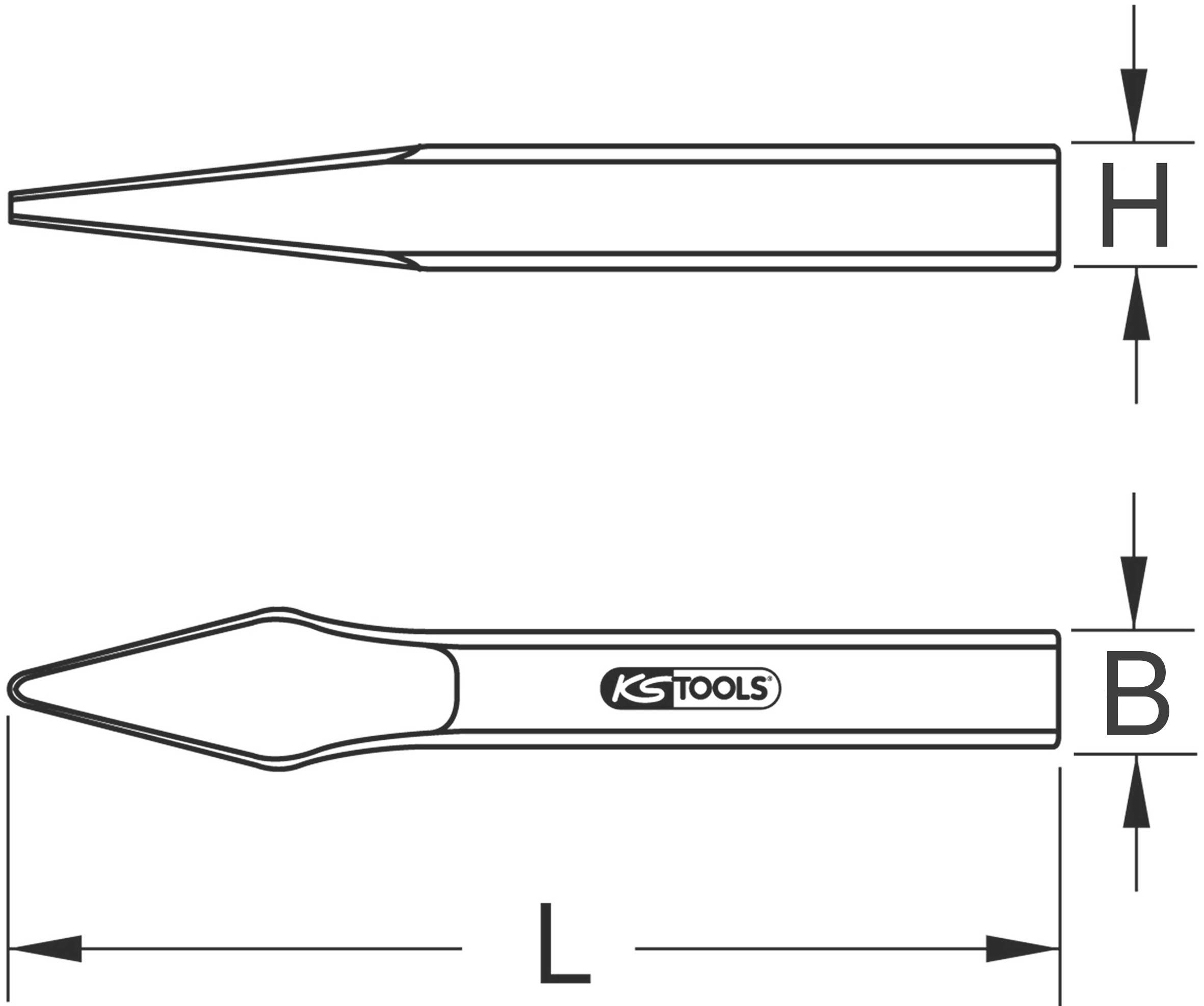 'KS Tools' Zeichnung zeigt Spitze und Seitenansicht eines Werkzeugs. Notiert sind Maße Länge (L), Breite (B) und Höhe (H).